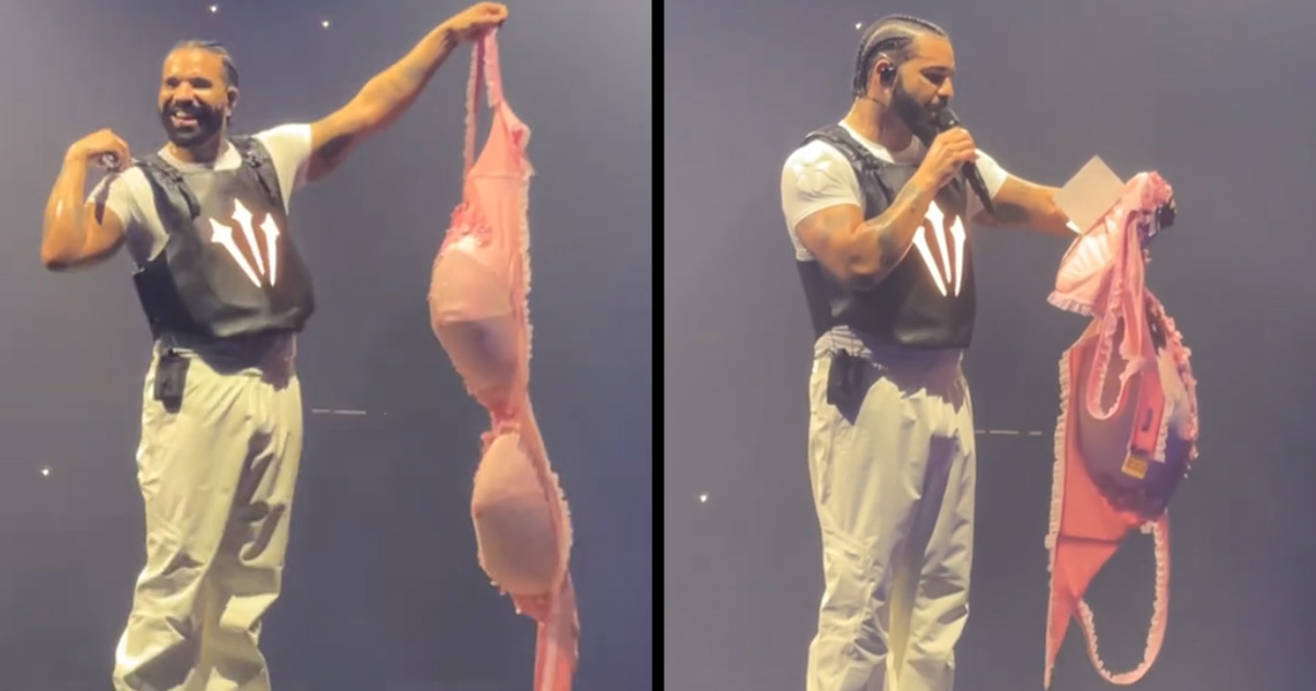 Quelqu’un lance un énorme soutien-gorge à Drake pendant son spectacle et il découvre un mot attaché à celui-ci